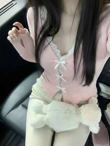 2pcs Bowknot Design Long Sleeve T-Shirt & Lace Camisole Set, Gentle & Romantic Style, Spring - Pink - View 1