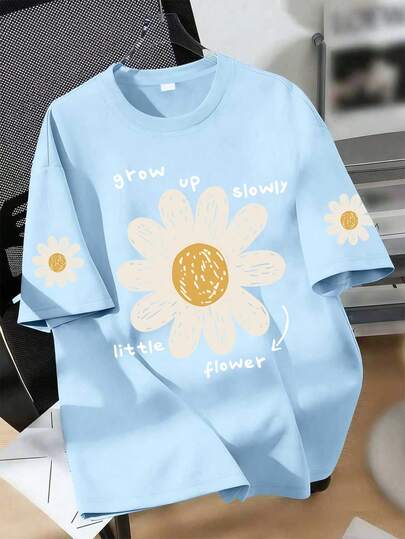 1pc Girls' Floral Print Round Neck Short Sleeve T-Shirt, Soft & Comfortable Pullover Top, Suitable For Teenage Girls In Summer