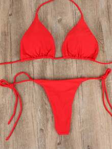 Bikini tam giác màu trơn cho nữ có dây buộc và đường cắt cao ở chân mùa hè - Đỏ - Xem 3