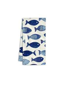 1/2/4条装厨房毛巾，高吸水性，涤纶材质，蓝白鱼图案，是假日农舍厨房和浴室装饰、秋季装饰、房间装饰的理想之选。 - 藍色 - 查看 11