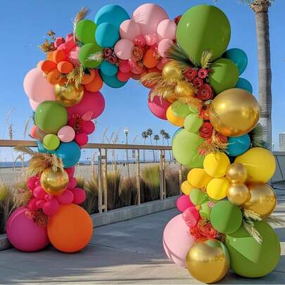 夏威夷主题派对装饰气球套装，包含青柠绿、粉色、黄色、紫红色乳胶气球，适用于热带夏威夷海滩主题派对、夏季聚会、生日庆祝、节日庆典、房间装饰、生日派对装饰。