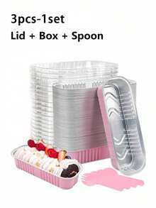 1/5/10 Sets Mini Toast Mold (With Lid And Spoon), Mini Cake Mold Set (With Lid), Rectangular Aluminum Foil Baking Cups, Pink, 6.8 Oz, Rectangular Aluminum Foil Baking Mold, Aluminum Foil Toast Mold, Portable Aluminum Foil Bread Party Dessert Supplies, Suitable For Wedding Birthday Party - Multicolor - View 12