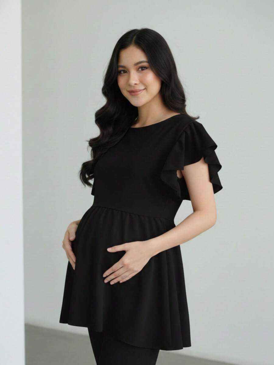 Sweet Microfiber Pleated Surgical Uniform For Maternity And Pregnancy - 黑色 - 查看 1