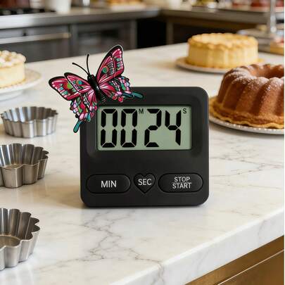 Digitale keukentimer met vlinderdesign - onmisbaar voor de start van het schooljaar, Valentijnsdagcadeau en dagelijks gebruik tijdens de Ramadan. Gemaakt van duurzaam ABS-materiaal, met een extra groot LCD-scherm, aftel- en optelfunctie, bediening met één druk op de knop, luid alarm, geheugenfunctie en een compact, draagbaar ontwerp. Geschikt voor op het bureau, in de keuken en op de studentenkamer (vlinderdesign willekeurig).