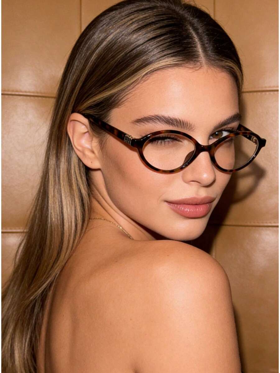 1pc Women's Elliptical Small Oval Frame Personalized Street Snap Concave Shape Clear Glasses Summer Study Accessories Glasses Accessories For Women - Họa tiết da báo - Xem 1