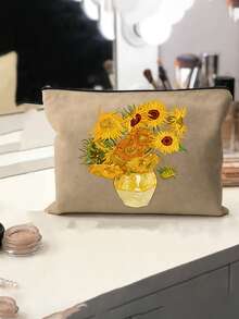 Oil Painting Sunflower Pattern Cosmetic Bag,Cosmetic Organizer,Toiletry Bag, Clutch Bag, Lightweight Foldable Storage Bag ,Travel Essential Bag - Multicolor - View 5
