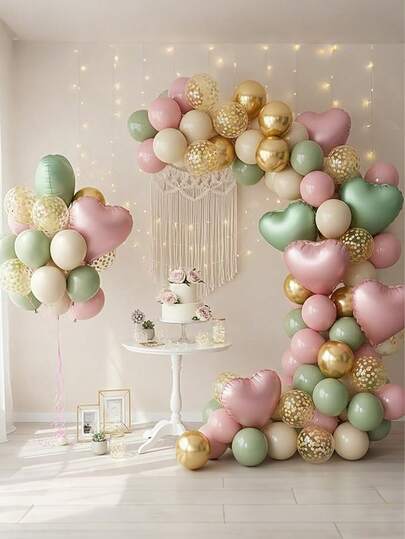 32/64 globos rosas y verdes, globos de metal gris, verde, rosa y nude de 30,48 cm con confeti dorado, globos de aluminio con forma de corazón, adecuados para decoración de fiesta de cumpleaños con temática de selva y bosque