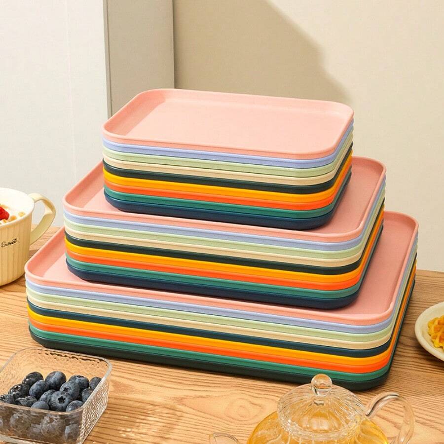 1个马卡龙色托盘,可重复使用的塑料水果/甜点盘,带支架,多功能零食盘,底部防滑,创意糖果盘,厨房装饰及用具 - 彩色 - 查看 1