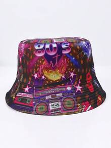 1顶磁带波普艺术眼睛印花涤纶双面渔夫帽，复古派对街头风，防紫外线，春夏复古迪斯科收音机装饰，男女通用 - 彩色 - 查看 11