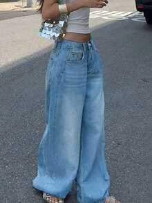 Casual American Street Style Minimalist Daily Commute Versatile Women Jeans, Oversized Boyfriend Style Women's Pocketed Wide Leg Relaxed Casual Jeans, Women Curve Jeans For Women, Valentine/Christmas/New Years Outfit, Holiday Gift - 藍色 - 查看 2