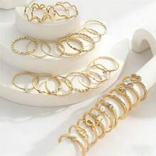 28件套金色心形波浪叠戴戒指套装，可爱水晶指节戒指，Y2K风格日常及派对饰品 - 28件套裝 - 查看 2