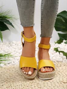 夏季时尚休闲草编搭扣露趾交叉编织绳平底凉鞋，纯色金属搭扣编织后系带女鞋，适合度假和通勤，经典流苏厚底坡跟凉鞋 - 亮黃色 - 查看 4