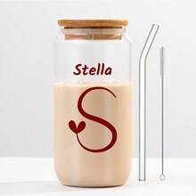 1pc 550ml/18.7oz Personalized Glass Cup, Customizable With English Letters And Names, Personalized Coffee Mug With Name, Comes With Lid, Straw And Straw Brush, Suitable For Bride, Bridesmaid, Mom, Family - Anniversary, Christmas, Mother's Day, Great For Bridesmaid Proposal Gift, Birthday Party Gift And Valentine's Day Surprise - Transparent - View 11
