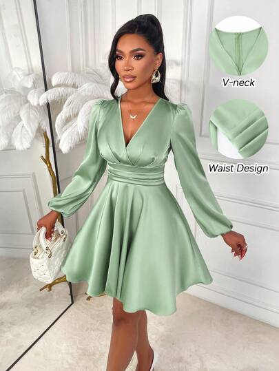 AIJ Women's Elegant Solid Color V-Neck Fitted A-Line Satin Shiny Mini Skirt Paired With Puff Sleeves, Suitable For Autumn And Spring. Suitable For Parties, Daily Commute, Christmas, New Year, Valentine's Day And Other Occasions.