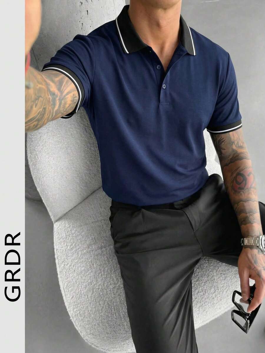 GRDR 男士撞色领短袖Polo衫，商务休闲装 - 藍色 - 查看 1