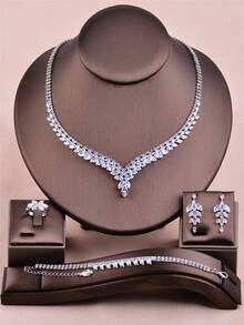CORUIXI 1pc Women's V-Shape Zirconia Necklace Set, Luxury Fashion Silver Jewelry 4pcs Accessory Suitable For Wedding Party Prom Gift - Silver - View 18