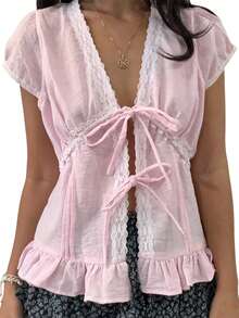 Women Y2K Bow Tie Front Top Boho Cap Sleeve Lace Patchwork Ruffle Hem Babydoll Blouse Shirt Coquette Aesthetic Going Out - 粉色 - 查看 3