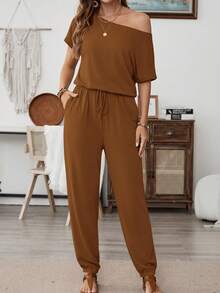 Women's Loose Solid Off Shoulder Elastic Waist Stretchy Long Romper Jumpsuit - 棕色 - 查看 5
