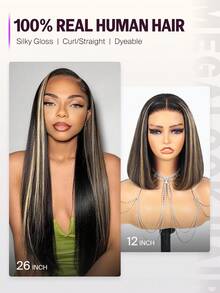 MEGALOOK 6x5 无胶渐变挑染 100% 真人发直发假发 10-30 英寸波波头假发 长款假发 透明蕾丝闭合假发 渐变色假发 - 无需胶水，外观自然，适合日常佩戴、办公室、万圣节派对、Y2K 复古风、度假、户外角色扮演、学校、圣诞派对、婚礼、节日等场合，女士适用 - 彩色 - 查看 6