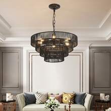 Black Woven Rattan Chandelier - Layered Circular Boho Tropical Chandelier, Adjustable Height For Dining Room & Living Room - 20 Inch - View 7