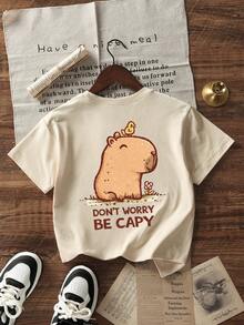 Tween Girls' Casual Printed Round Neck Short Sleeve T-Shirt, Summer Top - Apricot - View 4