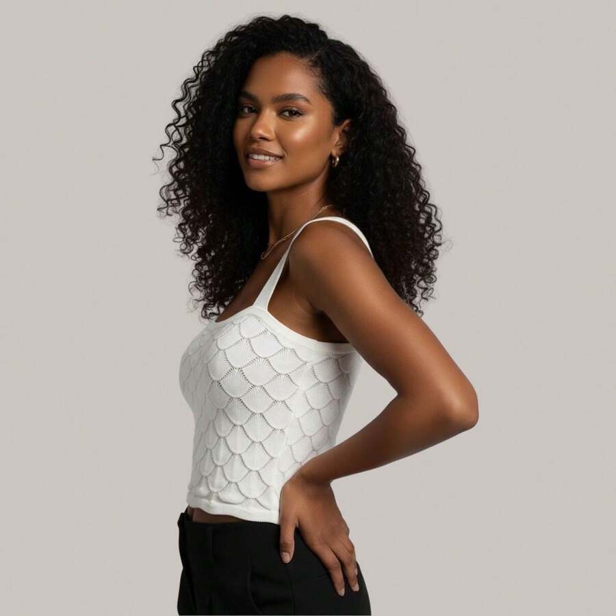 Women's Cropped Tank Top In Textured Modal Fabric With Scale Pattern - Comfortable, Stylish Casual Fashion - Blanco - Ver 1