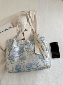 Fashionable Vintage Floral Embroidered Letter Scarf Decor Portable Tote Bag, Polyester Material Single Compartment Tote, Suitable For Women Shopping, Commuting, Travel And Daily Use - White - View 4