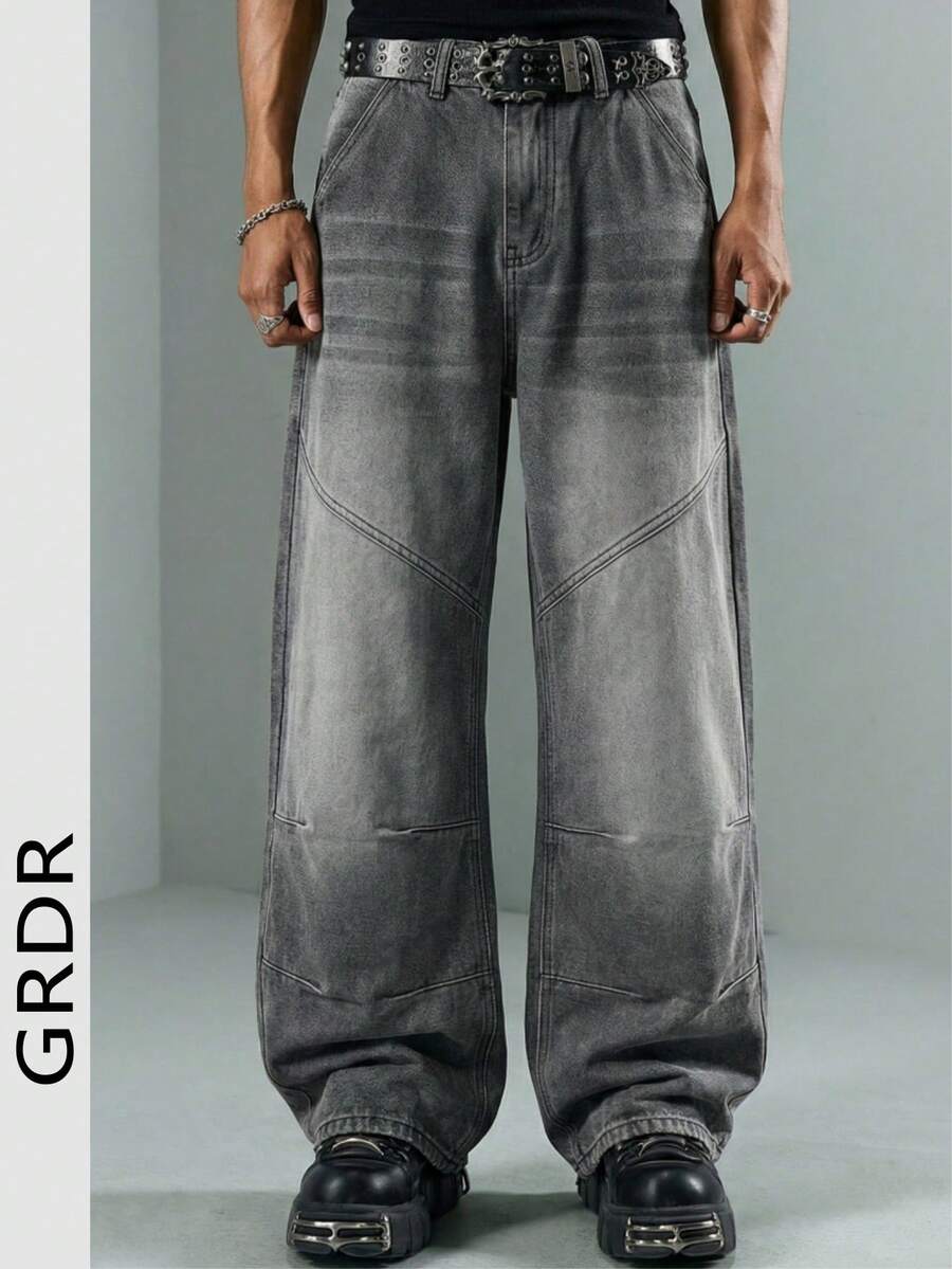 春夏新款男士宽松阔腿牛仔裤，复古水洗做旧街头风，休闲直筒裤型，适合日常穿着、通勤、街头潮流，百搭实用，送给男友/老公的理想礼物 - 深灰色 - 查看 1