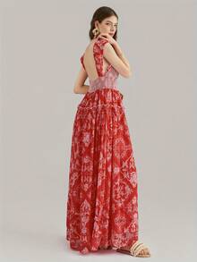 Women's Long Dress Vintage Fashion Print Sweetheart Neck Cap Sleeve Smocked Waist A-Line Layered Dress For Party Club - Red - View 4