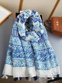 1pc 180*85cm Floral Print Beach Towel, Soft & Windproof For Women, Fashionable New Sand-Proof Scarf, Outdoor Popular Thin Shawl, Luxurious Printed Rectangular Scarf, All Season Tassel Headscarf, Muslim Headscarf - Multicolor - View 5