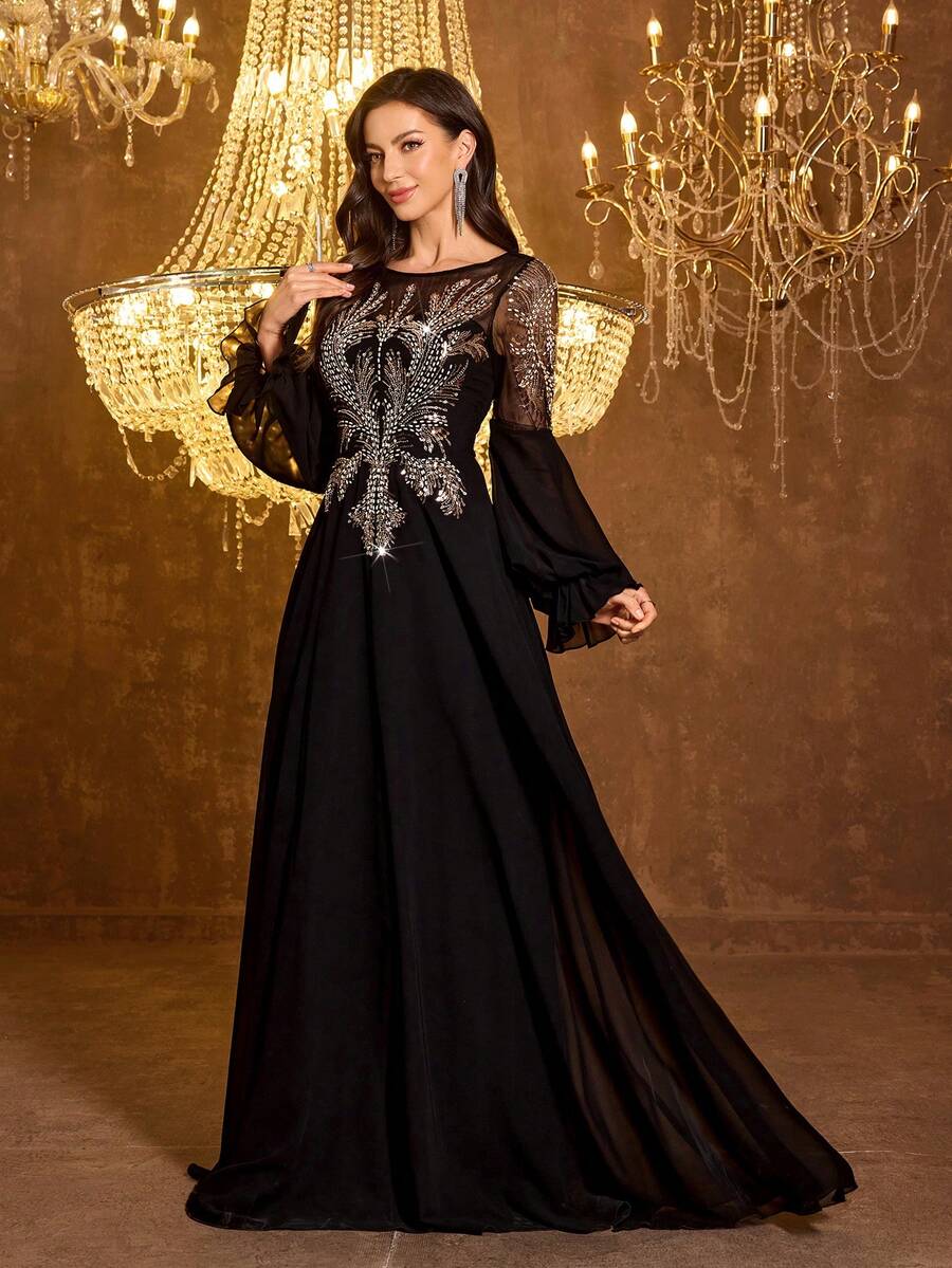 SUPGIR 女士圆领灯笼袖奢华珍珠亮片拼接雪纺派对礼服婚纱黑色春季 - 黑色 - 查看 1