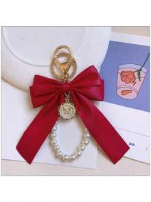 1pc Gorgeous Matte Bow With Faux Pearl Keychain Lovely Faux Pearl Beaded Bracelet Vintage Charm Women Girls Wallets Socks Backpacks Car Accessories Ribbons Pearl Pendant Valentine's Day Bow Keychain School Supplies Teacher Gifts Back To School Teacher Essentials Valentine's Day Bag Charm Pearl Cute Goth Y2k - 紅色的 - 查看 8