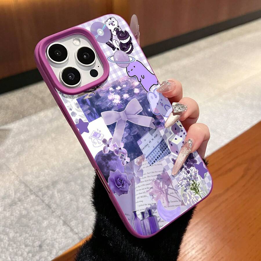 Diseño de funda de teléfono estética morada con flores de calavera y estrellas Compatible con 17 16 Pro Max 15 Pro Max 13 y 12 Tacto suave con imágenes elegantes perfectas para el uso diario y ocasiones especiales Gran idea de regalo para familiares, amigos o seres queridos - Morado - Ver 1