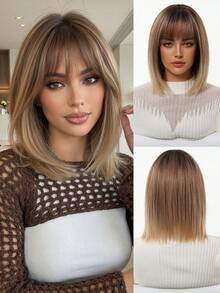 Fashionable Ombre Caramel Blonde Layered Bobo Wig With Bangs, Natural Looking Synthetic Wig For Women - Multicolor - View 2