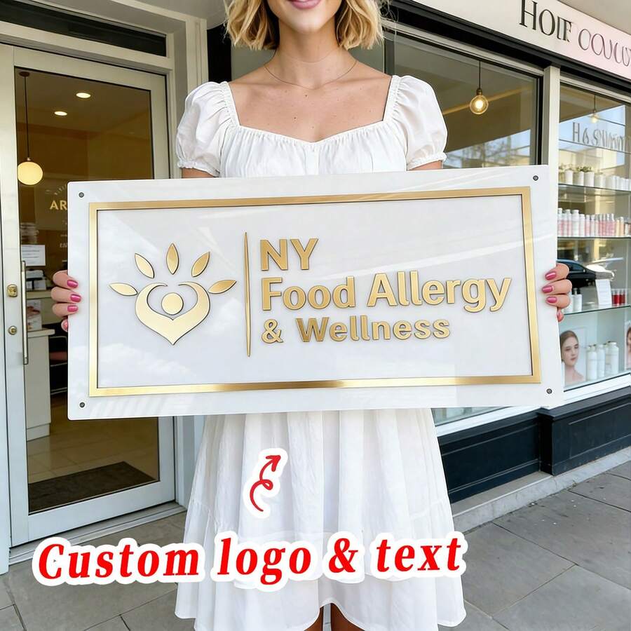Custom Rectangular Signage, White Background With Gold-Plated Letters And Borders, Includes All Installation Materials, Personalized Commercial Signage, Custom Commercial Logo Signage, Custom Laser-Cut Commercial Signage, Custom Acrylic Commercial Signage, Laser-Cut Logo Signage