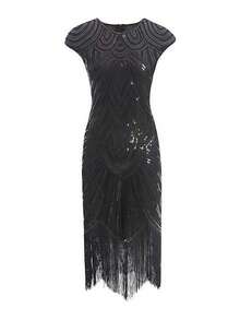 Gaun Midi Pesta Malam Formal Bermotif Geometris Berpayet Gaya Vintage Gatsby - MultiWarna - View 15