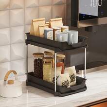 Double-Layer Double-Pull Fabric Storage Rack, Open Storage Rack, Snack And Miscellaneous Items Storage Rack, Desktop With Drawers, Suitable For Kitchen, Office, Home Coffee Bar, Suitable For Storing Tableware, Spices, Coffee, Bathroom Toiletries, Skin Care Products, Practical Storage Rack, Multi-Functional Storage Rack. - Multicolor - View 3