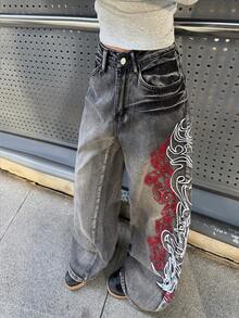1件女款寬鬆刺繡寬腿牛仔褲，舒適休閒高街時尚長褲（不含腰帶/配件）黑色秋季 - 黑色 - 查看 5