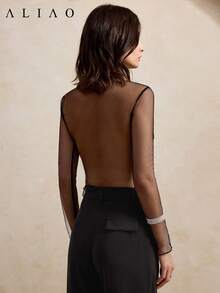 优雅女士花卉刺绣薄纱修身吊带背心 - 黑色 - 查看 7