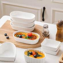 1/4pcs White Oval Ceramic Baking Ramekins, Oven & Microwave Creme Brulee Dishes, Porcelain Pudding Bowls With Groove, Fridge & Dishwasher , Ideal For Mini Desserts, Puddings, Dips, Appetizers, Essential Baking & Serving Kitchenware For Home Baking, Parties And Daily Meals - Multicolor - View 6
