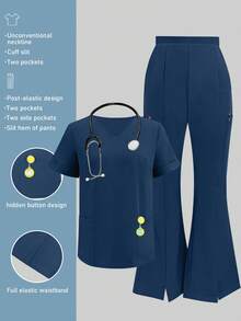1 Set Solid Color V-Neck Short Sleeve Top And Split Leg Pants Lab Coat Nurse Scrub Uniform Scrubs Outfit, Suitable For Pet Hospital, Clinic, Private Care Work Scrub Uniform Top And Pants With Pockets - 深邃藍 - 查看 1