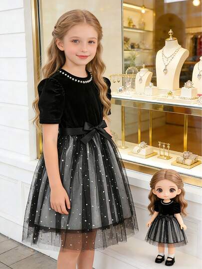 8-12岁女孩梦幻连衣裙，优雅珍珠领，星形装饰网纱裙摆，适合夏季生日派对、度假、节日庆典和日常穿着。