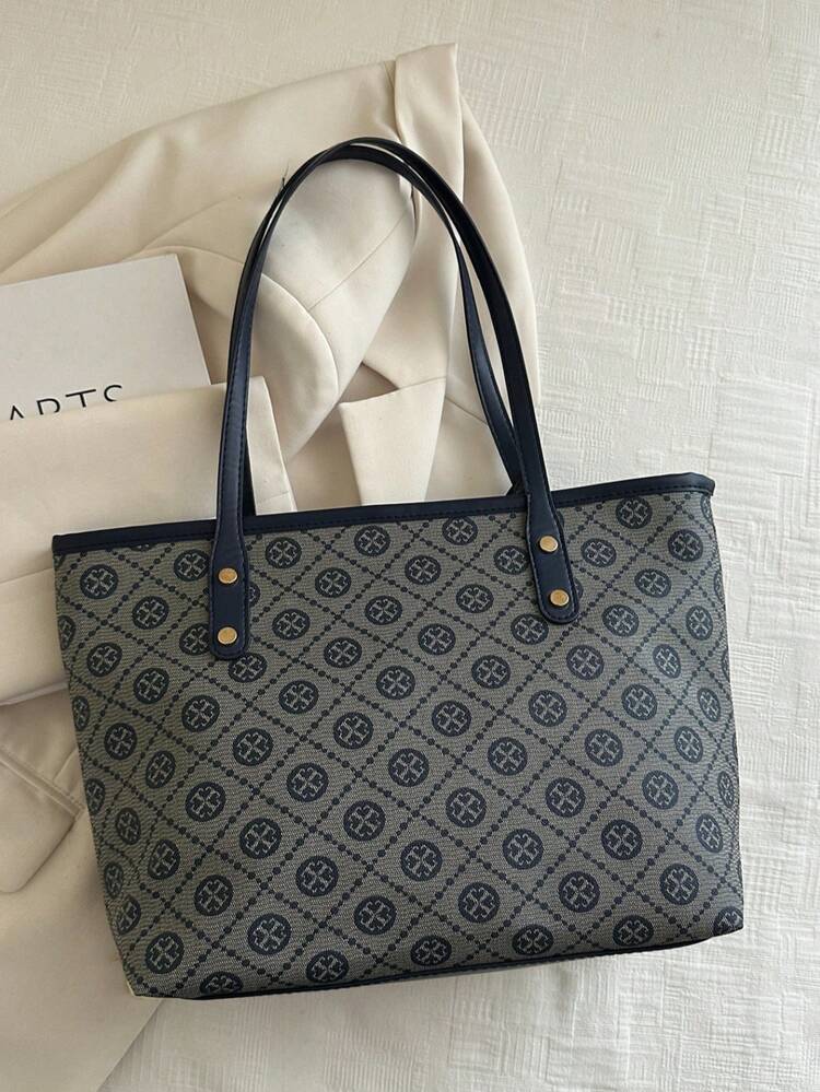 1件复古花卉印花大容量PU手提包，带金属铆钉装饰，女士工作单肩包（含小吊坠配件） - 深色水洗藍 - 查看 6