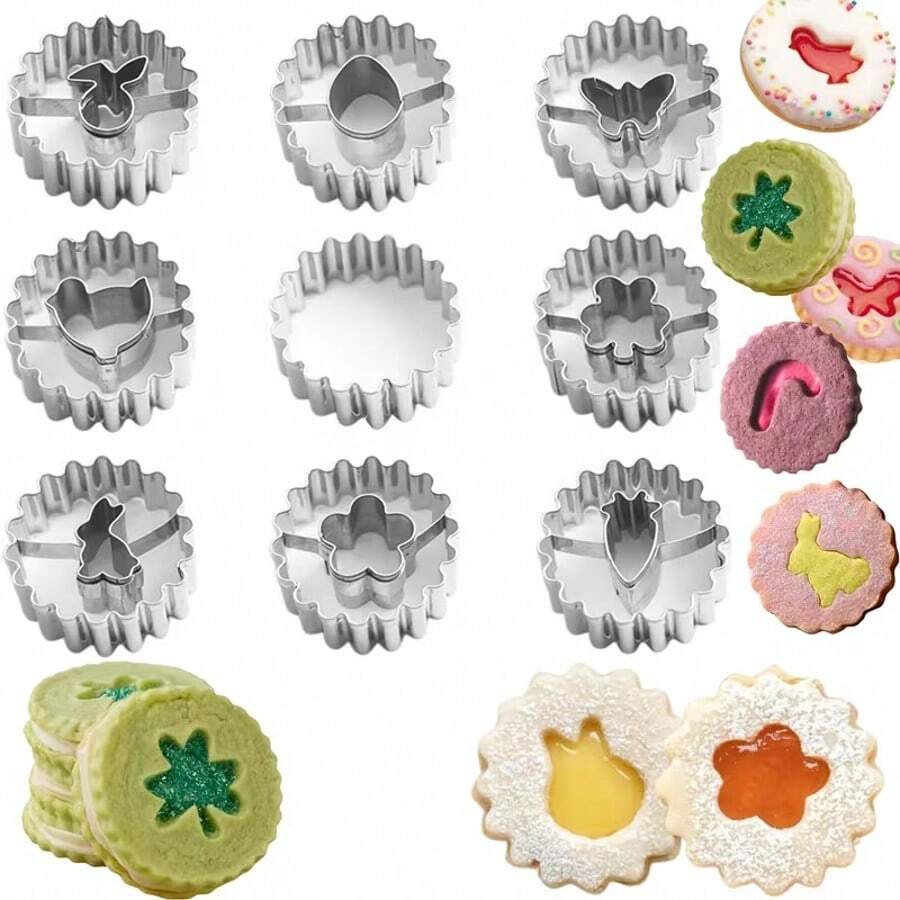 Bộ 9 khuôn cắt bánh quy Phục Sinh, làm bằng thép không gỉ, bao gồm các hình trứng, thỏ, gà con, cỏ ba lá, cà rốt, bướm, thích hợp để làm bánh quy nhân mứt. - Bạc - Xem 1