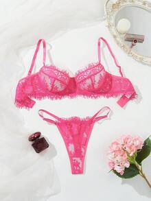 2pcs Fuchsia Lace Underwire Bra Set, Sheer Lace Design With Adjustable Straps - Rose Red - View 1