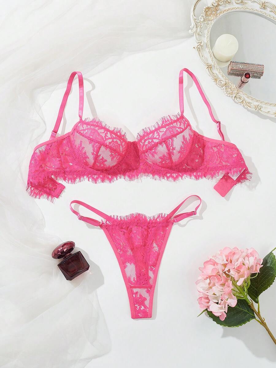 2pcs Fuchsia Lace Underwire Bra Set, Sheer Lace Design With Adjustable Straps - Rose Red - View 1