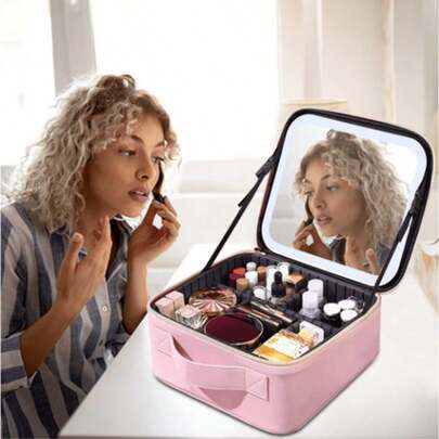 Akane 1pc Portable Makeup Case With LED Mirror, Makeup Bag With 3-Level Adjustable Lighting, Large Capacity, Adjustable Dividers, Can Store Brushes, Jewelry And Gifts For Women