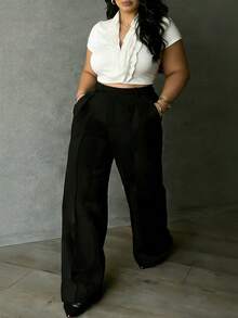 大码女式纯色休闲优雅直筒裤，适合日常穿着、办公室通勤、约会、度假、派对等场合。 - 黑色 - 查看 2