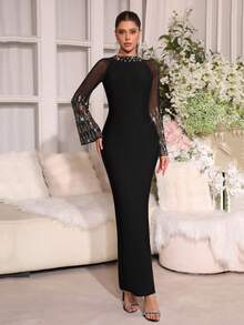 Modphy 新款奢华仿珍珠点缀露肩长袖仿羽毛装饰绷带连衣裙，适合婚礼、派对、晚宴等正式场合，黑色春季款 - 黑色 - 查看 2