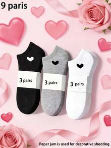 3/6/9/10/15/20 双装女士黑色、白色、灰色短袜，休闲百搭男女通用爱心图案乐福鞋袜，春夏款 - 彩色 - 查看 16